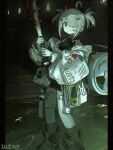  1girl ahoge black_dress blood blood_on_weapon commentary_request dress handheld_game_console heart highres holding holding_weapon holster jacket l1m3candy leg_belt long_sleeves original partially_submerged rabbit_ornament solo spiked_bat thigh_strap wavy_mouth weapon 