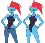 aquatic athletic athletic_gynomorph athletic_intersex blue_body blue_skin bottomwear clothing denim denim_bottomwear denim_clothing fish gills gynomorph humanoid intersex jeans one-piece_swimsuit pants sharp_teeth simple_background solo standing swimwear teeth undertale_(series) undyne v.geneva white_background yellow_sclera