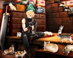  1boy blonde_hair cat cloud_strife final_fantasy final_fantasy_vii gloves guernica huge_weapon sitting sword too_many_cats weapon 