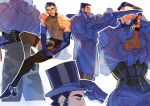  1boy absurdres beard black_garter_straps black_hair black_thighhighs blue_coat blue_gloves chest_hair coat commentary corset earrings english_commentary facial_hair garter_straps gloves green_eyes grey_pants hat highres japhers jewelry long_sideburns male_focus multiple_views original outstretched_arm pants sideburns thighhighs top_hat 