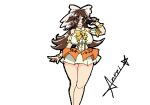  1girl absurdres anrei_fear blue_eyes breasts brown_hair character_request closed_mouth commentary_request dress feet_out_of_frame genderswap hair_between_eyes highres holding idol inazuma_eleven inazuma_eleven_(series) large_breasts long_hair looking_at_viewer ribbon self-upload signature simple_background skirt smile solo thick_thighs thighs white_background white_dress white_ribbon yellow_ribbon 