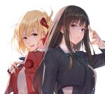  black_hair blonde_hair blue_ribbon closed_mouth collared_dress dress english_commentary finger_gun green_dress grey_dress hair_ribbon inoue_takina long_hair long_sleeves looking_at_viewer lycoris_recoil lycoris_uniform medium_hair neck_ribbon nishikigi_chisato one_side_up open_mouth orange_eyes purple_eyes red_dress red_ribbon ribbon simple_background tight_(ohmygod) two-tone_dress upper_body white_background 