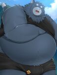 2026 absurd_res anthro belly big_belly biped black_clothing black_nose black_shirt black_topwear bulge clothing cloud domestic_cat felid feline felis hi_res kemono male mammal open_mouth outside overweight overweight_male shirt solo topwear trail_arnak underwear