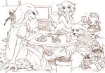  6+girls :d adventurer_(ff11) animal bad_id cat chabudai commentary_request crossed_arms crt cup cushion dated_commentary fangs final_fantasy final_fantasy_xi fingernails fins fish_(food) grill grilled_fish grin hand_fan head_fins lamia lamia_(final_fantasy) live_hood long_fingernails mandragora_(final_fantasy) merfolk mermaid merrow_(final_fantasy) monochrome monster_girl multiple_girls paper_fan pointy_ears qutrub rice_cooker saucer sharp_fingernails shichirin simple_background sitting skeleton slippers smile table tarutaru television tomotsuka_haruomi uchiwa very_long_fingernails watching_television white_background yunomi zabuton 