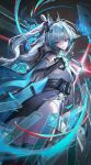  1girl absurdres animal_ears arcane_(arknights) arknights arknights:_endfield bird_ears bird_girl black_gloves blue_eyes closed_mouth commentary facial_mark floating floating_gun floating_object floating_weapon forehead_mark gloves grey_hair head_wings highres kuji-in long_hair looking_at_viewer multicolored_gloves multicolored_hair solo two-tone_gloves two-tone_hair white_gloves wings zzom_b 