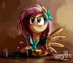 2012 alcohol beverage blush clothed clothing drunk equid equine eyelashes feathered_wings feathers female feral fluttershy_(mlp) friendship_is_magic frown hair hasbro hooves mammal my_little_pony mythological_creature mythological_equine mythology pegasus pink_hair pupils solo substance_intoxication whitediamonds wings yellow_body