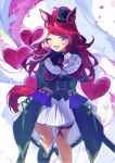  1girl absurdres animal_ears asymmetrical_gloves black_gloves black_jacket blush breasts commentary_request facial_mark gloves hair_between_eyes hair_ornament hat heart heart_facial_mark heart_hands heart_on_cheek highres horse_ears horse_girl jacket long_hair looking_at_viewer loves_only_you_(9927_wishes)_(umamusume) loves_only_you_(umamusume) mini_hat mini_top_hat mismatched_ear_covers mismatched_gloves mole mole_on_neck multicolored_hair one_eye_closed open_mouth red_hair skirt smile solo thigh_strap top_hat umamusume usagi_(wtmh) white_gloves white_skirt yellow_eyes 