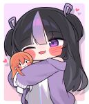  1girl :d ;d absurdres aged_down black_hair blonde_hair blunt_bangs blush border commentary_request doll dress fang goddess_of_victory:_nikke gradient_background hair_ribbon heart highres hugging_doll hugging_object jacket korean_commentary lab_coat long_hair long_sleeves maxwell_(nikke) maxwell_(ordinary_mechanic)_(chief_researcher)_(nikke) mming_(mmingis18) multicolored_hair off_shoulder official_alternate_costume one_eye_closed pink_background purple_background purple_eyes purple_hair purple_jacket purple_ribbon ribbon sidelocks skin_fang sleeves_past_wrists smile solid_oval_eyes solo streaked_hair syuen_(nikke) syuen_(young)_(nikke) two_side_up white_border white_dress 