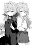 2girls absurdres back-to-back blush bodysuit breasts cloak commentary_request dual_persona greyscale hair_intakes highres kujou_ramune_(maorisu_henkyo_haku) long_hair looking_at_viewer maorisu_henkyo_haku monochrome multiple_girls original scrunchie skirt small_breasts wrist_scrunchie 