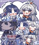  ! +++ 3girls ? ahoge black_dress blue_eyes breasts brown_eyes commentary dress earrings faceless faceless_female female_rover_(wuthering_waves) grey_hair holding jacket jewelry liangyu_(wuthering_waves) long_hair long_sleeves looking_at_another medium_breasts multiple_girls open_mouth ponytail rover_(wuthering_waves) smile spoken_character spoken_exclamation_mark spoken_question_mark sw_haze sweatdrop tacet_mark_(wuthering_waves) triangle_earrings twitter_username untranslatable_commentary white_jacket wuthering_waves yangyang_(wuthering_waves) yangyang_(xuanling)_(wuthering_waves) 