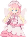  1girl black_sleeves blonde_hair blue_eyes blush bow closed_mouth collared_dress commentary_request dot_mouth dress fairy_wings hair_bow hat heart highres layered_dress lily_white long_hair looking_at_viewer multicolored_dress pink_bow pink_dress roamu_65 solo sweater_under_dress touhou very_long_hair white_dress white_hat wings 