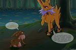  ambiguous_gender bracelet brown_fur candyfoxy canine comic dialog eevee eeveelution english_text feral fur jewelry jolteon mammal nintendo open_mouth outside pok&#233;mon pok&eacute;mon standing swamp text tree video_games yellow_fur 