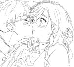  1boy 1girl ayase_momo blush bow bowtie choker close-up closed_eyes closed_mouth collared_shirt commentary_request dandadan earrings from_side glasses greyscale hair_behind_ear hair_between_eyes hetero jewelry kiss long_hair monochrome nandemo_unknown pendant_earrings raised_eyebrows round_eyewear school_uniform shirt short_hair simple_background sketch takakura_ken_(dandadan) white_background wide-eyed 