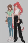  2girls aqua_eyes bag black_boots black_pants blue_pants boots bright_pupils brown_hair buttons choppy_bangs closed_mouth crew_neck cropped_shirt denim frilled_sleeves frills full_body green_shirt grey_background high_ponytail highres holding holding_bag holding_hands jeans kinon_bachika long_hair long_sidelocks long_single_sidelock looking_to_the_side multiple_girls pants parted_bangs ponytail red_hair round_eyewear shirt short_sleeves sidelocks simple_background skinny_jeans tengen_toppa_gurren_lagann tetsuk_g very_long_hair white_boots white_pupils white_shirt wide-leg_pants yellow_eyes yoko_littner 
