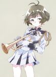  1boy aiguillette akizuki_ryo alternate_costume antenna_hair brown_background brown_hair buttons closed_mouth cowboy_shot crossdressing crossdressing_(mtf) double-breasted gloves highres holding holding_instrument holding_trumpet idolmaster idolmaster_dearly_stars instrument jacket long_sleeves looking_to_the_side male_focus marching_band_(idolmaster) miniskirt nara1508 short_hair sideways_glance simple_background skirt solo standing trap trumpet white_gloves white_jacket white_skirt 