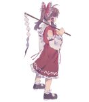 1girl ascot black_shoes bow brown_hair commentary detached_sleeves english_commentary ezier frilled_bow frilled_hair_tubes frilled_skirt frills from_behind gohei hair_bow hair_tubes hakurei_reimu highres holding holding_gohei long_hair loose_socks mary_janes ponytail red_bow red_shirt red_skirt shirt shoes sidelocks simple_background skirt sleeveless socks solo standing touhou white_background white_socks wide_sleeves yellow_ascot 