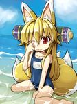  ;p alternate_costume animal_ears barefoot beach blonde_hair blue_sky character_name cloud collarbone day fox_ears fox_tail izuna_(shinrabanshou) kyuubi long_hair multiple_tails name_tag old_school_swimsuit one-piece_swimsuit one_eye_closed outdoors partially_submerged red_eyes saru_000 school_swimsuit shinrabanshou sitting sky solo swimsuit tail tongue tongue_out translated wariza wet 