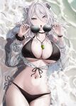  1girl absurdres ahoge animal_ear_piercing animal_ears beach bikini black_bikini black_choker black_nails breasts choker cleavage commentary double-parted_bangs grey_eyes grey_hair hair_between_eyes halterneck highres holding holding_removed_eyewear hololive large_breasts lion_ears lion_girl long_hair long_hair_between_eyes looking_at_viewer lying messy_hair nail_polish navel off_shoulder on_back open_mouth parallel_piercings round_eyewear sand_on_skin scrunchie shirt shishiro_botan side-tie_bikini_bottom solo stomach sunglasses swimsuit untranslatable_commentary unworn_eyewear virtual_youtuber wanne white_shirt wrist_scrunchie 