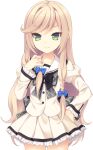  1girl back_bow back_double_bow black_bow black_bowtie blonde_hair bow bowtie braid bubble_skirt buttons closed_mouth double_bowtie frilled_skirt frilled_sleeves frills game_asset green_eyes grey_bow grey_bowtie hair_bow hand_up holding_own_hair juliet_sleeves justine_amelie_lagrange long_hair long_sleeves lowres miniskirt multiple_hair_bows non-web_source official_art plaid_bow plaid_bowtie plaid_clothes pleated_skirt puffy_sleeves sailor_collar school_uniform self-datamine shirahane_nao shirt simple_background skirt solo standing tachi-e transparent_background tsuki_ni_yorisou_otome_no_sahou_2 twin_braids white_sailor_collar white_shirt 