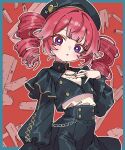  1girl beret black_hair black_skirt blue_eyes cropped_jacket drill_hair expressionless frilled_sleeves frills hand_up hands_on_own_chest hat high-waist_skirt highres kasane_teto ktnazm0702 long_sleeves looking_at_viewer multicolored_eyes parted_lips puffy_sleeves red_eyes red_hair shirt shirt_tucked_in short_hair skirt solo twin_drills two-tone_eyes utau white_shirt 
