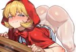  1girl ass b.b._hood bent_over blonde_hair blue_eyes blush bow bright_pupils closed_mouth commentary darkstalkers ebora hair_behind_ear highres huge_ass leaning_forward looking_at_viewer pantyhose red_hood short_hair simple_background smile solo standing sweat thick_thighs thighs top-down_bottom-up white_background white_pantyhose white_pupils 