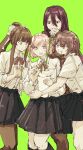  4girls black_pantyhose bow bow_headband brown_hair cup doki_doki_literature_club drinking_straw green_background hair_bow hair_ornament hairclip highres huddle kneehighs monika_(doki_doki_literature_club) multiple_girls natsuki_(doki_doki_literature_club) oisiiidoo pantyhose pink_hair pleated_skirt ponytail purple_hair red_ribbon ribbon saliva sayori_(doki_doki_literature_club) school_uniform shirt skirt smile smoothie socks sweatdrop whipped_cream white_shirt x_hair_ornament yuri_(doki_doki_literature_club) 