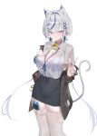  1girl absurdres animal_ears aokumo_rin black_skirt blue_bra blue_eyes blue_nails blue_ribbon blue_scrunchie bra breasts cat_ears cat_girl cat_tail cellphone closed_mouth commentary_request hair_ribbon hand_on_own_chest hea_(hea1021) highres korean_commentary large_breasts medium_hair phone phone_in_thighhighs ribbon scrunchie see-through_clothes see-through_shirt shirt shirt_tucked_in short_sleeves skirt smartphone smile solo stellive tail thighhighs underwear v virtual_youtuber wet wet_clothes wet_shirt white_background white_hair white_shirt white_thighhighs wrist_scrunchie 