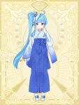  1girl ahoge aoi_dialogue blue_hair bow chain_paradox full_body hair_bow hakama hakama_skirt highres japanese_clothes kimono red_eyes side_ponytail sio_(kurara) skirt solo standing white_bow wide_sleeves yellow_background 