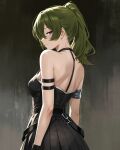  1girl absurdres ai-assisted arm_strap back bare_shoulders black_dress black_gloves breasts commentary_request dress gloves green_hair highres jmx_(j_m_x) long_hair looking_at_viewer medium_breasts pleated_dress purple_eyes side_ponytail solo sousou_no_frieren ubel_(sousou_no_frieren) 