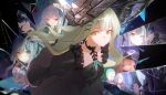  2girls absurdres animal_ears arknights ave_mujica_(bang_dream!) bang_dream! bang_dream!_it's_mygo!!!!! black_background black_bonnet black_bow black_choker black_dress black_hair black_ribbon black_wrist_cuffs blonde_hair blue_eyes blush bonnet bow breasts broken_glass cat_ears cat_girl choker commentary_request demon_girl demon_horns dog_ears dog_girl dress ear_bow earrings extra_ears floppy_ears frilled_dress frills glass green_hair green_ribbon hair_ornament hair_ribbon headpiece highres horns jewelry leaning_forward long_hair looking_at_viewer lop_rabbit_ears medium_breasts misumi_uika misumi_uika_(caged_singer) multiple_girls official_alternate_costume purple_eyes purple_hair rabbit_ears rabbit_girl ribbon sidelocks signature smile stuffed_animal stuffed_penguin stuffed_toy togawa_sakiko togawa_sakiko_(master_of_melodia) twintails wakaba_mutsumi wakaba_mutsumi_(marionette's_id) wolf_ears wolf_girl wrist_cuffs x_hair_ornament xiao_sa_(hayatekkk) yahata_umiri yahata_umiri_(moonlight_executioner) yellow_eyes yuutenji_nyamu yuutenji_nyamu_(magician_of_passion) 