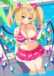 1girl alternate_breast_size_(larger) alternate_costume bikini bow breasts cleavage clothes_pull commentary_request crystal_wings flandre_scarlet flower from_above ganon_capybara groin hair_flower hair_ornament heart heart-shaped_eyewear highres jewelry large_breasts looking_at_viewer navel outdoors pendant pointy_ears pulling_own_clothes red_eyes red_skirt skirt solo striped_bikini striped_clothes swimsuit touhou touhou_arcadia_record white_bow wings 
