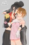  2girls absurdres akiyama_mio arms_around_neck black_eyes black_hair black_hat black_jacket black_skirt bra brown_eyes brown_hair closed_mouth commentary_request dress epaulettes flower gloves grey_background hand_on_another's_chest hat highres jacket k-on! long_hair multiple_girls off_shoulder pairing_name parted_lips pink_bra pink_dress pink_flower pink_rose rose short_hair signature simple_background skirt suzuo_(zuo) tainaka_ritsu top_hat twitter_username underwear white_gloves yuri 