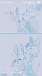  1boy 1girl ^_^ animal_ears animal_nose anime_screenshot arm_hug artist_name aviator_sunglasses belt_pouch blush buck_teeth closed_eyes closed_mouth collared_shirt commentary_request constricted_pupils eyewear_lift facing_viewer fingerless_gloves flat_chest fox_boy fox_ears from_behind furry furry_female furry_male furry_with_furry gloves half-closed_eyes hand_up hetero highres holding_another's_arm judy_hopps long_sleeves looking_at_viewer looking_back meme_(penpengusa_no_meme) monochrome multiple_views nick_wilde notice_lines pouch rabbit_ears rabbit_girl shirt signature sketch snout standing sunglasses teeth translation_request upper_body vest waving wide-eyed zootopia 