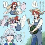  3girls ^_^ alternate_costume alternate_hairstyle alternate_headwear bat_wings black_bow blue_dress blue_eyes blue_hair blue_overalls blush bow bowtie braid brown_hat bun_cover closed_eyes closed_mouth collared_shirt commentary_request dress expressionless food fruit gloves green_bow grey_hair hair_bow hair_bun hat highres holding holding_food holding_fruit hong_meiling izayoi_sakuya long_sleeves maid maid_headdress multiple_girls open_mouth overalls pinafore_dress pink_shirt pink_skirt red_bow red_bowtie red_nails remilia_scarlet shirt skirt skirt_set sleeveless sleeveless_dress smile speech_bubble straw_hat sweat touhou translation_request twin_braids ukei624 watermelon white_shirt wings 