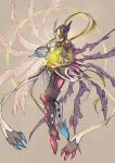  1girl absurdres angel_wings armor artist_name asymmetrical_armor asymmetrical_mask asymmetrical_wings black_armor black_helmet black_wings blonde_hair boobplate braid breasts closed_mouth commentary covered_eyes demon_wings digimon digimon_(creature) energy_ball english_commentary enralis floating floating_hair full_body helmet helmet_over_eyes highres long_hair mask mastemon medium_breasts mismatched_wings sidelocks solo split-color_clothes white_armor white_helmet white_wings winged_helmet wings 