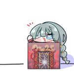  1girl :3 bandage_over_one_eye blue_eyes box braid chibi chibi_only commentary_request earrings gift gift_box green_hair highres in_box in_container jewelry long_hair looking_at_viewer open_mouth phrolova_(wuthering_waves) simple_background smile solo syurikenmaru v-shaped_eyebrows waving white_background wuthering_waves 