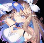  1girl absurdres almond_eye_(the_changer)_(umamusume) almond_eye_(umamusume) animal_ears bare_shoulders black_background blue_eyes blue_gloves blue_hair braid breasts brown_hair cleavage collarbone commentary_request fingerless_gloves gloves highres horse_ears horse_girl kirino_mist long_hair looking_at_viewer medium_breasts multicolored_hair one_eye_closed pink_hair simple_background single_braid solo umamusume 
