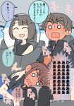  1boy 2girls :d ^_^ black_pantyhose black_shirt blue_jacket blush brother_and_sister brown_hair car_interior closed_eyes colored_speech_bubble commentary_request day full-face_blush grey_shorts hand_on_another's_shoulder jacket juukyuu lap_pillow multiple_girls o_o orange_jacket original pantyhose pantyhose_under_shorts ponytail seatbelt shirt short_sleeves shorts siblings sleeveless sleeveless_shirt smile speech_bubble sweat translation_request wavy_mouth 