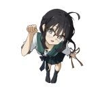  1girl 22/7 bespectacled black_bow black_bowtie black_hair black_skirt black_socks bow bowtie braid braided_ponytail brown-framed_eyewear brown_ribbon collarbone commentary_request from_above full_body glasses green_eyes green_sailor_collar hair_ribbon highres long_hair looking_at_viewer miniskirt morinomiya_ruri no_shoes open_mouth over-rim_eyewear pleated_skirt ribbon rokubanchou_school_uniform sailor_collar school_uniform semi-rimless_eyewear serafuku shirt short_sleeves sidelocks simple_background single_paw_pose skirt socks solo standing summer_uniform white_background white_shirt yagami_toa 