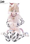 1girl absurdres alternate_breast_size_(larger) alternate_costume animal_print arknights bell bikini blonde_hair breasts chinese_commentary cleavage commentary_request cow_print cow_print_bikini cow_print_sleeves cow_print_thighhighs cowbell detached_sleeves feet full_body green_eyes highres huge_breasts kumo_(pixiv_70871850) long_sleeves mousse_(arknights) multicolored_hair multiple_tails navel neck_bell open_mouth print_bikini print_thighhighs short_hair signature simple_background sitting solo stirrup_legwear streaked_hair swimsuit tail thighhighs toeless_legwear toes two_tails wariza watermark web_address white_background white_hair 