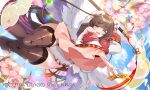  1girl blush brown_hair cloud commentary_request copyright_notice dress flower green_eyes highres holding milfie_(twinkle_star_knights) one_eye_closed open_mouth pilokey pink_flower sky solo sword teeth thighhighs twinkle_star_knights upper_teeth_only weapon white_dress white_wings wings wooden_sword 