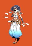  1girl ankle_boots arm_markings bad_id bad_pixiv_id black_hair blue_pants body_markings boots breasts brown_jacket cleavage cropped_jacket cropped_shirt full_body gradient_pants grey_eyes hair_between_eyes hand_up highres holding jacket long_hair long_hair_between_eyes looking_at_viewer midriff minami_seira multicolored_jacket navel object_request official_art orange_background orange_boots orange_jacket pants parted_lips pinstripe_pants pinstripe_pattern promotional_art shildina_(tate_no_yuusha_no_nariagari) shirt simple_background solo tate_no_yuusha_no_nariagari twintails two-tone_jacket white_pants white_shirt 