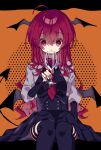  1girl bat_wings black_dress black_nails black_sleeves black_thighhighs commentary_request cup dress drinking_glass feet_out_of_frame hair_between_eyes head_wings highres holding holding_cup koakuma long_hair looking_at_viewer nail_polish necktie open_mouth red_eyes red_hair red_necktie roamu_65 shirt sitting solo tail thighhighs touhou white_shirt wine_glass wings 