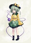 1girl black_hat black_socks bow breasts buttons closed_mouth collared_shirt commentary_request diamond_button disembodied_linked_eye eyeball floral_print frilled_shirt_collar frilled_skirt frilled_sleeves frills full_body green_eyes green_hair green_skirt hat hat_bow heart heart_of_string highres komeiji_koishi long_sleeves looking_at_viewer print_skirt reoneko05 rose_print shirt short_hair skirt small_breasts smile socks solo touhou translation_request wide_sleeves yellow_bow yellow_shirt 
