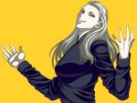  1girl 2013 blonde_hair blue_eyes claudia_wolf commentary_request evil_grin evil_smile ginnyo grin long_hair long_sleeves mature_female silent_hill_(series) silent_hill_3 simple_background smile solo solo_focus teeth upper_body upper_teeth_only yellow_background 