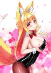  1girl absurdres animal_ear_fluff animal_ears black_leotard black_pantyhose blonde_hair blush bow bowtie breasts cleavage closed_mouth collar colored_inner_hair commentary_request cowboy_shot detached_collar fingernails fox_ears fox_girl fox_tail from_side grabbing_own_breast hair_between_eyes highres large_breasts leaning_forward leotard light_smile looking_at_viewer looking_to_the_side multicolored_hair original pantyhose pink_hair red_bow red_bowtie red_eyes signature solo strapless strapless_leotard tail uma_(uma_mohumohu) white_collar white_wrist_cuffs wrist_cuffs 