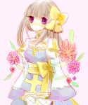  1girl arch_bishop_(ragnarok_online) blue_dress blush bow cleavage_cutout clothing_cutout commentary_request cowboy_shot cross dormir_(challco) dress fishnet_thighhighs fishnets flower frilled_thighhighs frills hair_bow juliet_sleeves long_hair long_sleeves looking_at_viewer open_mouth pink_background pink_flower pointy_ears puffy_sleeves purple_eyes ragnarok_online sash simple_background solo thighhighs two-tone_dress white_dress white_thighhighs yellow_bow yellow_sash 