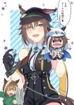  2girls absurdres ahoge animal_ears black_gloves black_shirt black_shorts blue_eyes blush breasts brown_hair character_puppet chess_piece cheval_grand_(casual)_(umamusume) cheval_grand_(grand_itineraire)_(umamusume) cheval_grand_(umamusume) closed_eyes commentary_request dice doushi_tatsu_to_dekkai_no ears_through_headwear fang gloves green_hoodie grey_hair grey_streaks hair_between_eyes hair_over_one_eye hand_puppet hat high-waist_shorts highres holding holding_dice hood hood_down hoodie horse_ears horse_girl horse_tail long_sleeves looking_at_viewer multicolored_hair multiple_girls open_mouth puppet rook_(chess) rulership_(monochrome_gm)_(umamusume) rulership_(umamusume) shirt short_hair shorts sleeveless sleeveless_shirt smile speech_bubble streaked_hair tail translation_request umamusume white_hair 