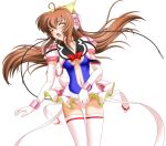  1girl 2000s_(style) blush breasts brown_hair cleavage closed_eyes elbow_gloves game_asset gloves headphones large_variant_set long_hair magical_girl mahou_senshi_(series) mahou_senshi_symphonic_knights medium_breasts navel non-web_source official_art open_mouth panties pantyshot saitou_natsuki self-datamine simple_background skirt solo symphonic_lily tachi-e thighhighs transparent_background underwear variant_set wind wind_lift yurise_ririna 