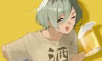  1girl absurdres alcohol beer beer_mug brown_eyes brown_hair brown_shirt commentary cup english_commentary girls_band_cry hair_between_eyes highres holding holding_cup long_hair_between_eyes mug multicolored_hair open_mouth roots_(hair) rupa_(girls_band_cry) shikai_no_sumi_kuchiru_oto shirt short_hair short_sleeves simple_background solo yashitani yellow_background 